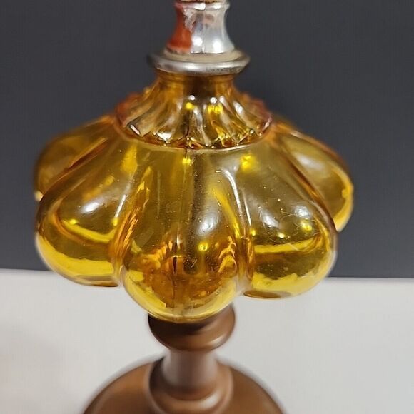 VTG Accent Table Lamp Amber Convex Bubble Glass, Wooden Base, Wood & Brass 12.5" - Picture 7 of 14